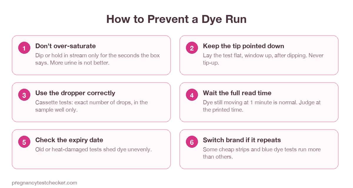 Six tips to prevent a dye run on a pregnancy test: do not over-saturate, keep the tip pointed down, use the dropper correctly, wait the full read time, check the expiry date, switch brand if it repeats