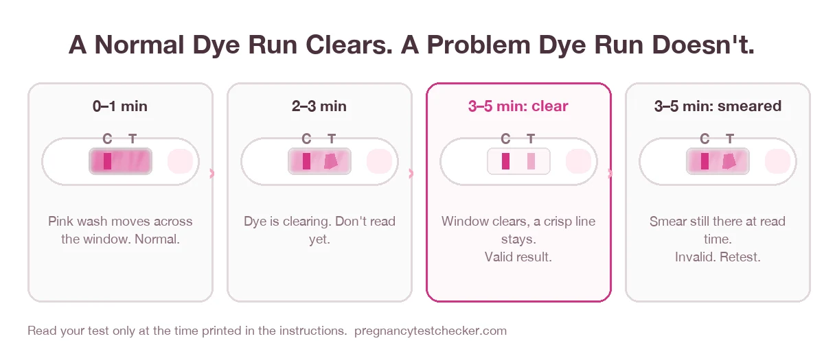 Four stages of a pregnancy test: pink wash at 0 to 1 minute, dye clearing at 2 to 3 minutes, a clear window with a crisp line at read time which is valid, and a still smeared window at read time which is invalid