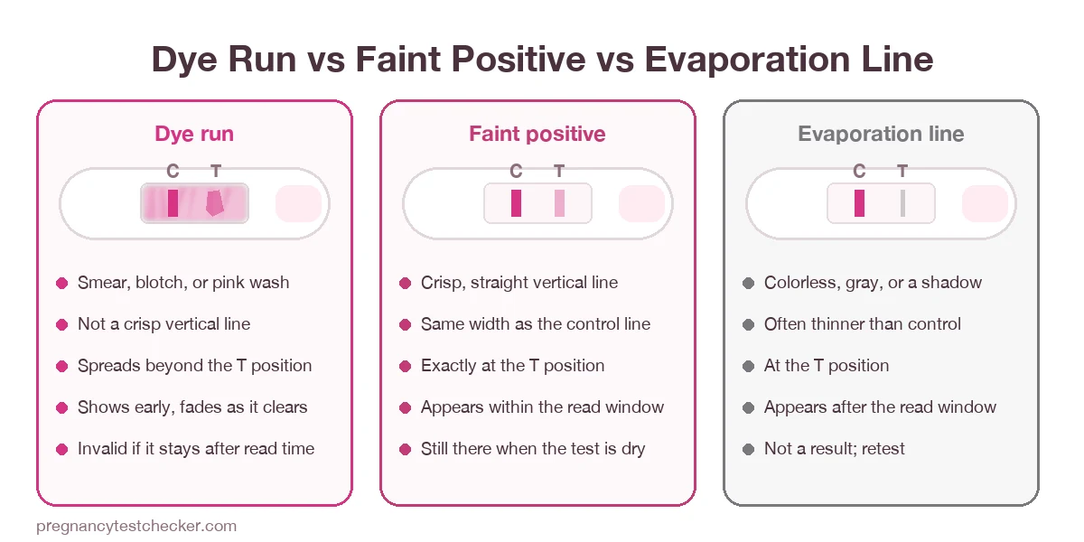 Three pregnancy tests side by side: a dye run with a smeared pink window, a faint positive with a crisp light pink line, and an evaporation line with a thin gray line