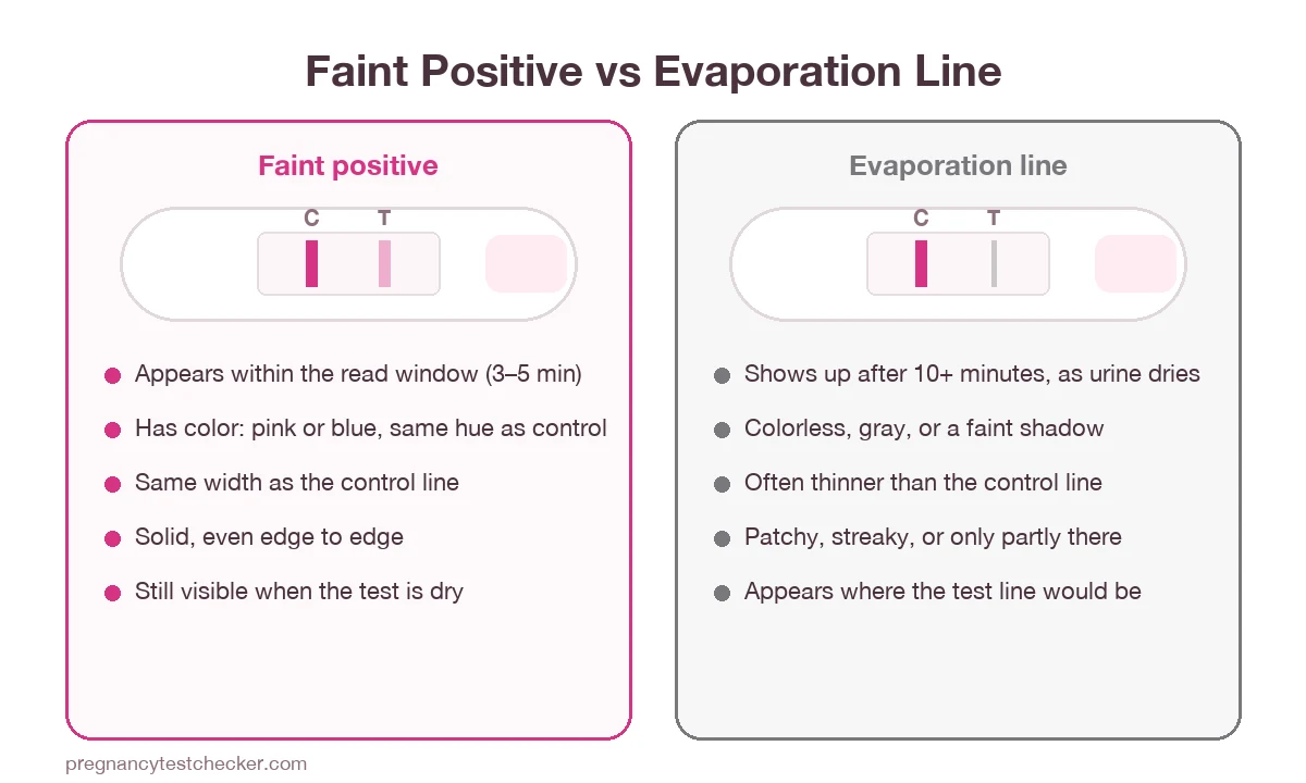 Side-by-side comparison of a faint positive pregnancy test with a light pink line and an evaporation line test with a thin gray line, listing the five differences