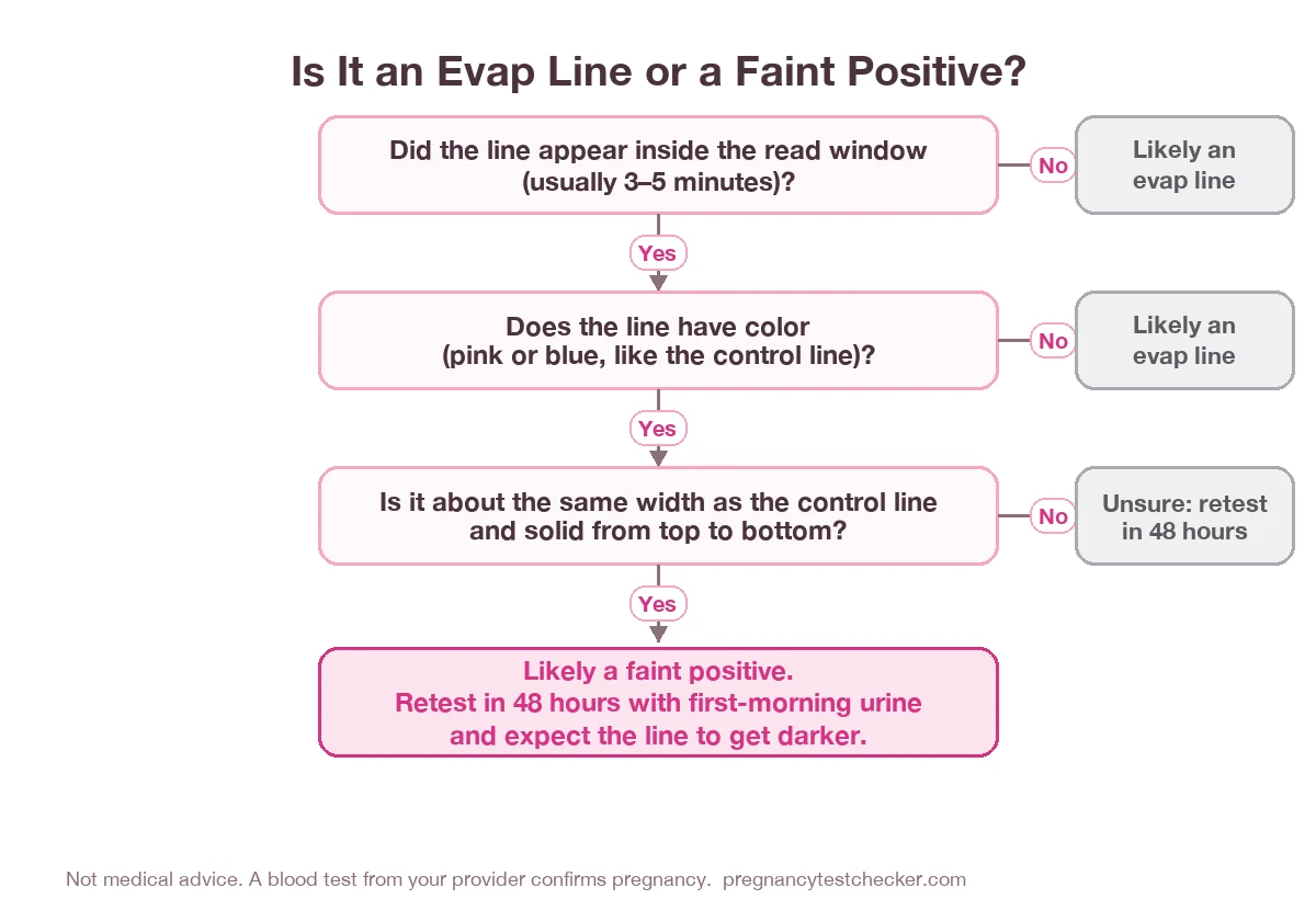 Flowchart to decide between an evap line and a faint positive: did the line appear in the read window, does it have color, is it the same width as the control line, leading to likely evap line, retest in 48 hours, or likely faint positive